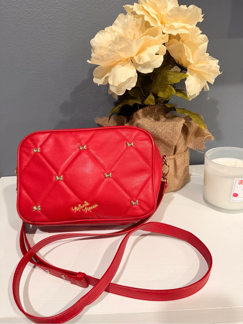 Red Quilted Crossbody Bag with Gold Accents